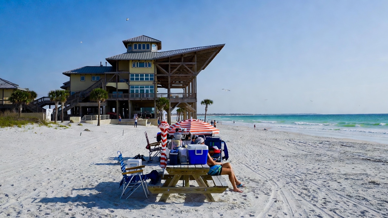 Group beach setup near Gulf State Park Beach Pavilion