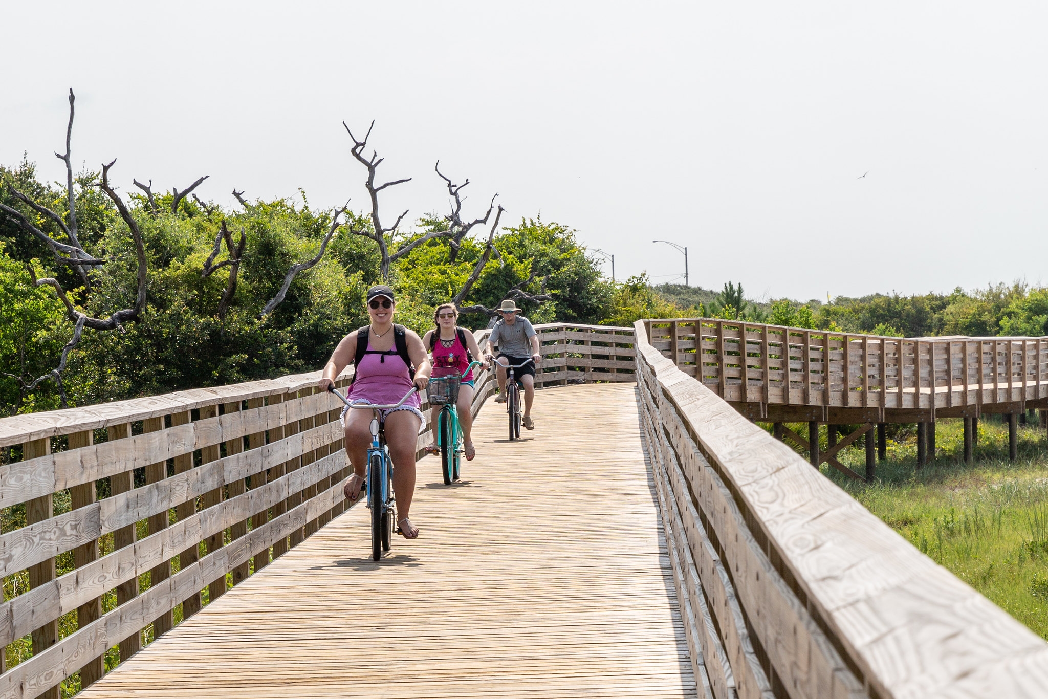 Cyclists on a coastal boardwalk