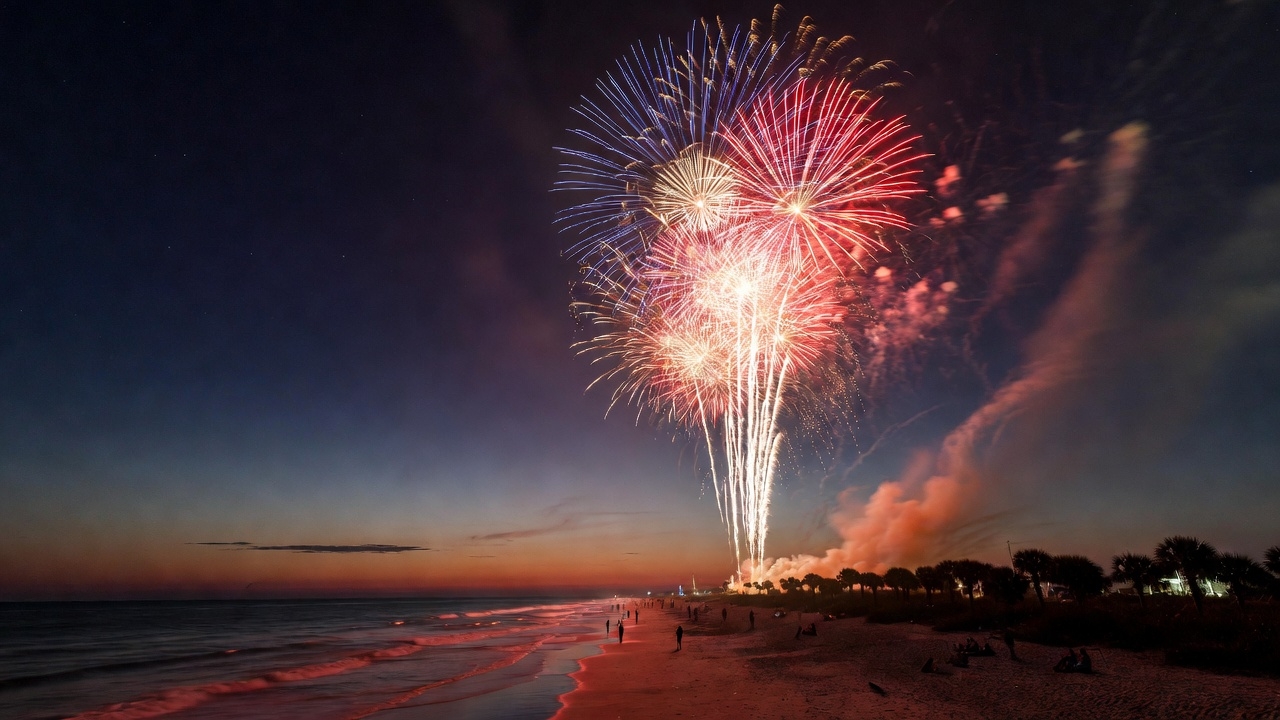 Fourth of July fireworks over the Gulf near Gulf Shores and Orange Beach