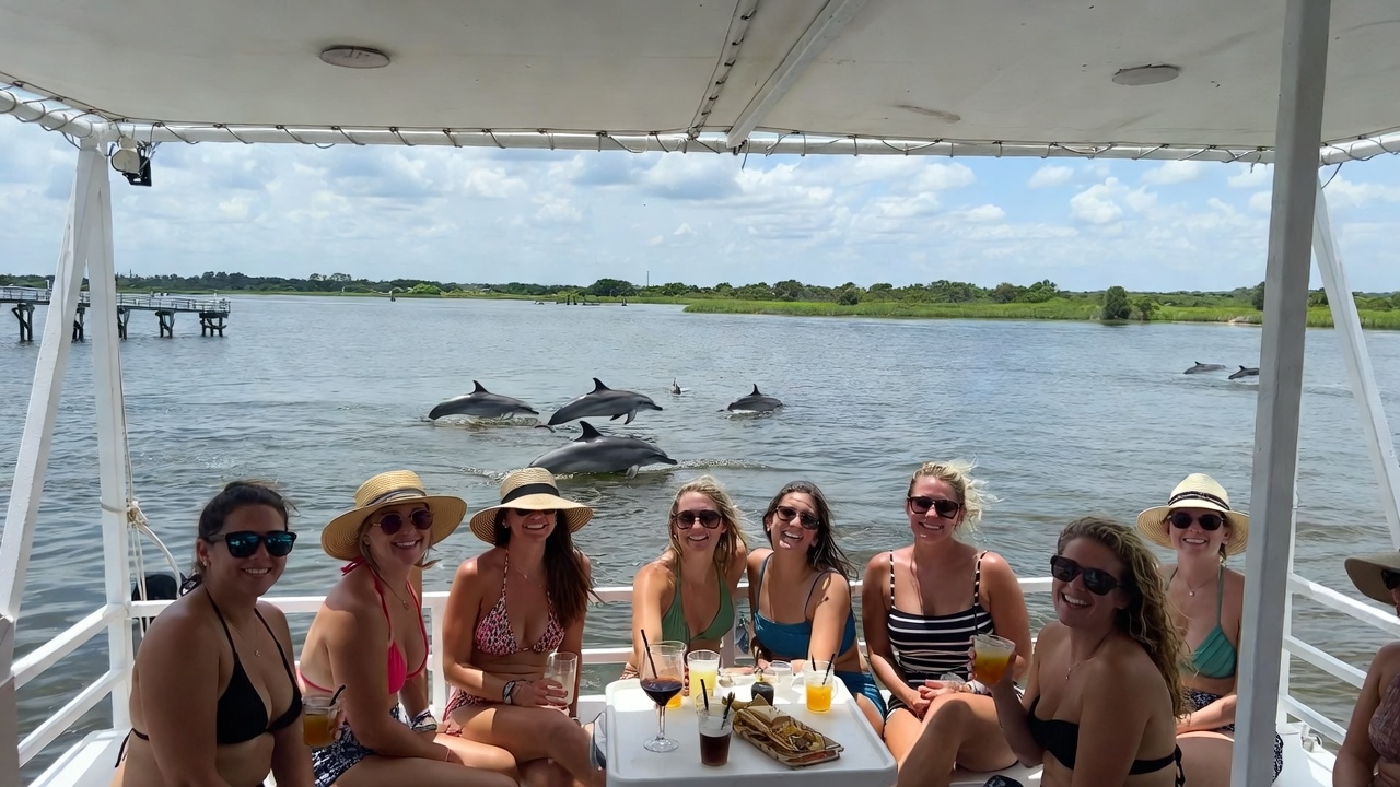 Bachelorette group enjoying a calm Orange Beach dolphin cruise