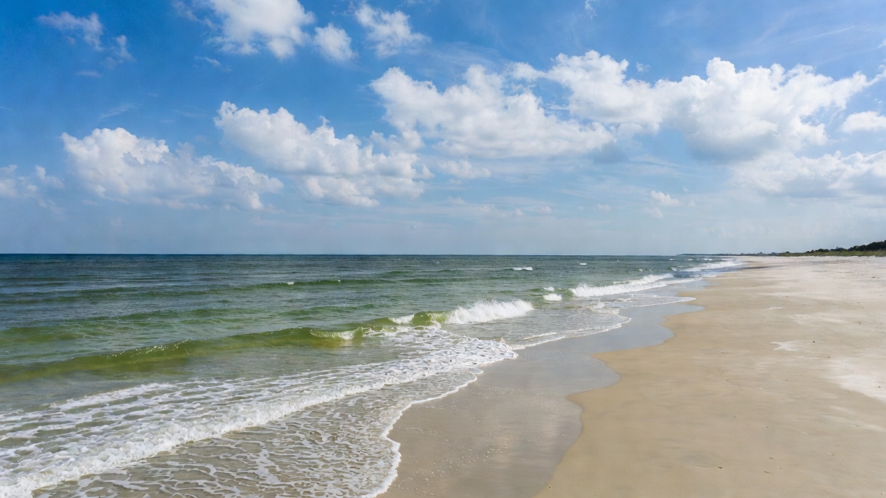 Quiet white sand beach on the Alabama Gulf Coast during a weekday morning