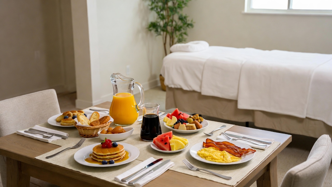 Brunch table and spa details for a Gulf Coast bachelorette weekend