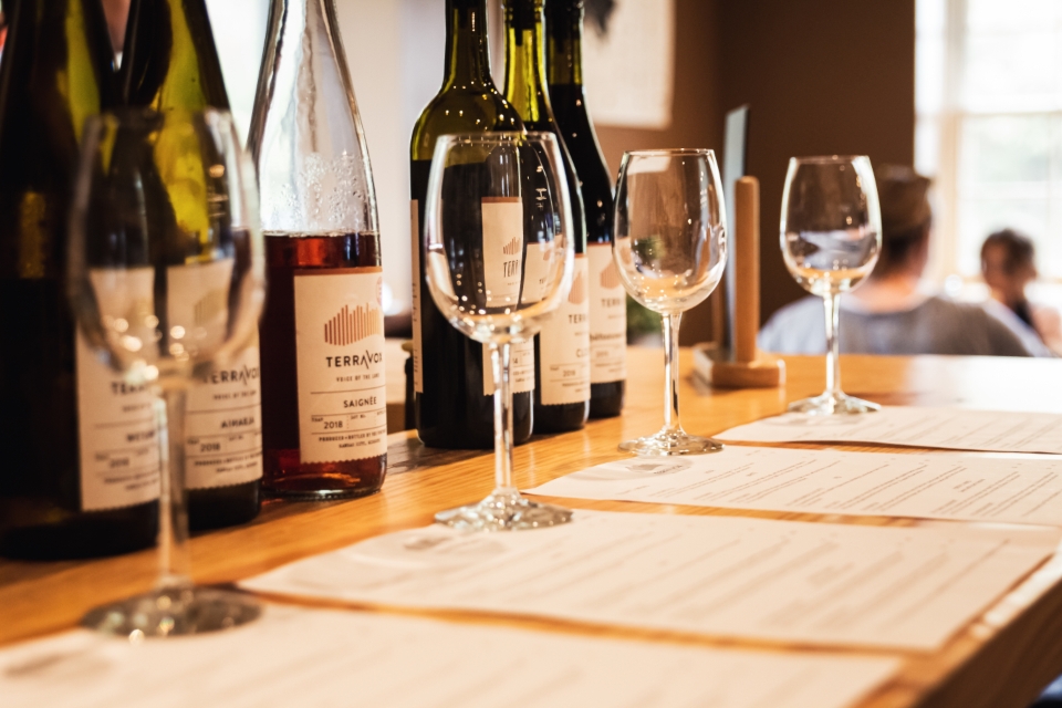 Wine glasses set out for an evening reception