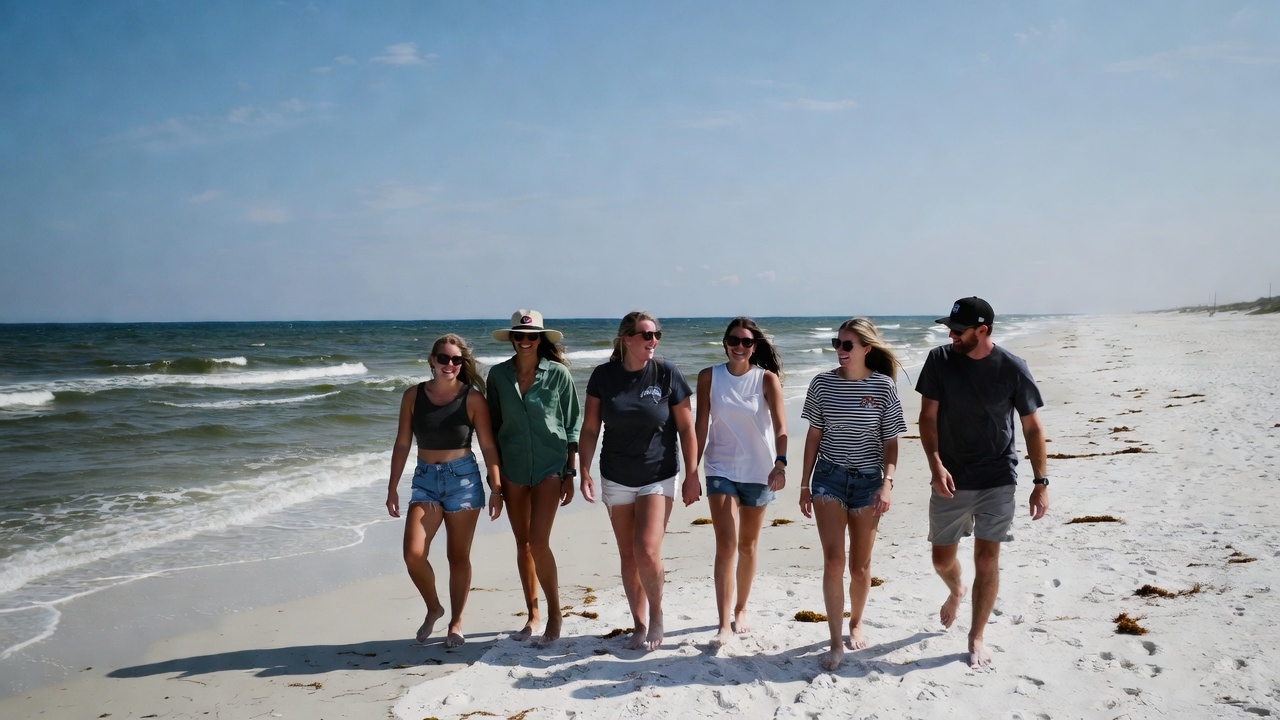 Friends walking along the beach during a Gulf Shores bachelorette weekend