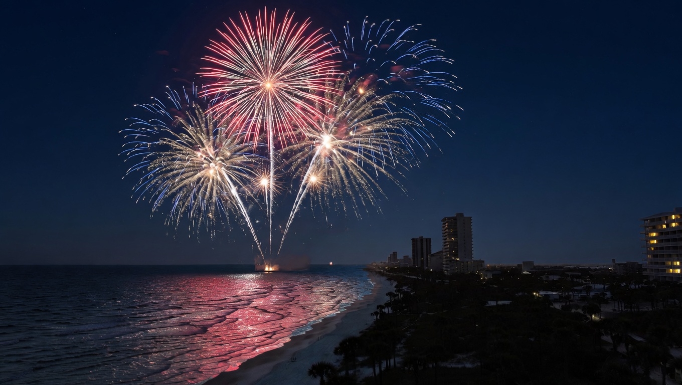 Fireworks display above the beach during July 4th week in Gulf Shores Alabama