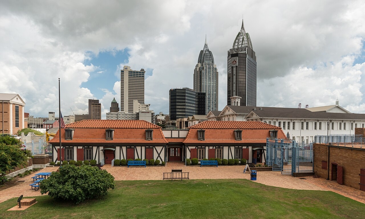 Fort Condé with downtown Mobile buildings behind it