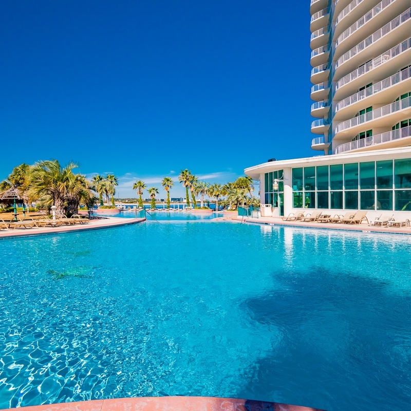 Large resort pool with palm trees at Caribe the Resort