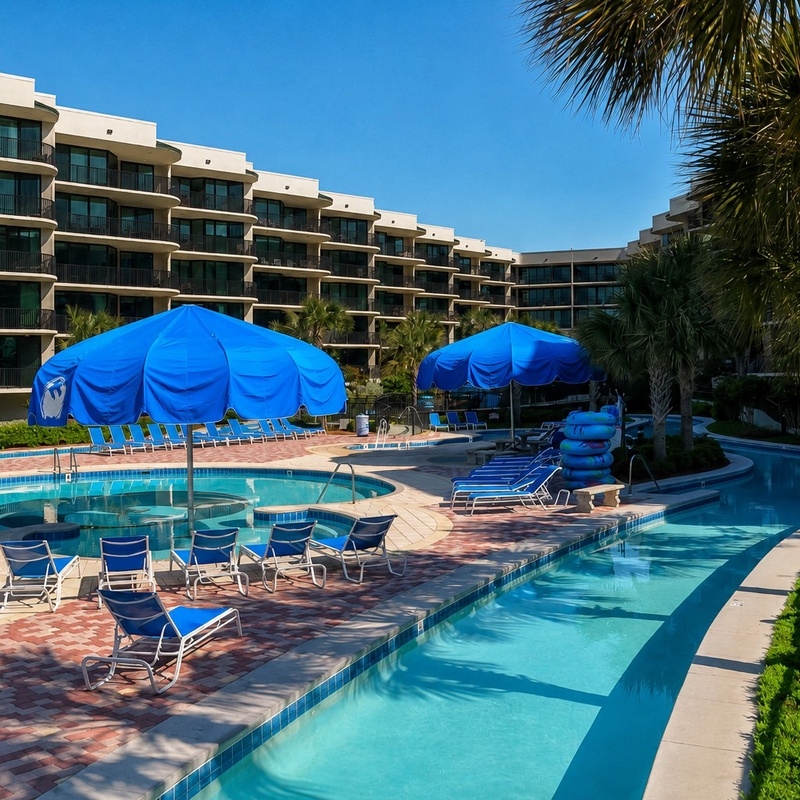 Pool and lazy river under blue umbrellas at Phoenix on the Bay