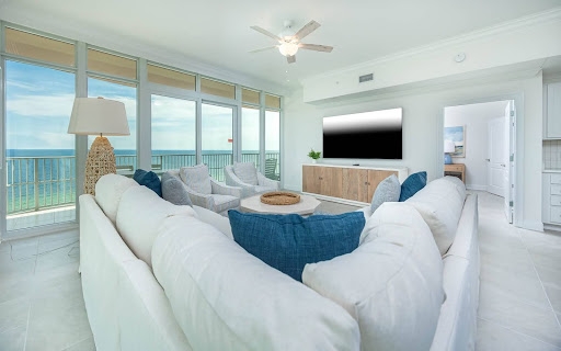 Comfortable Orange Beach vacation rental living area for a bachelorette weekend